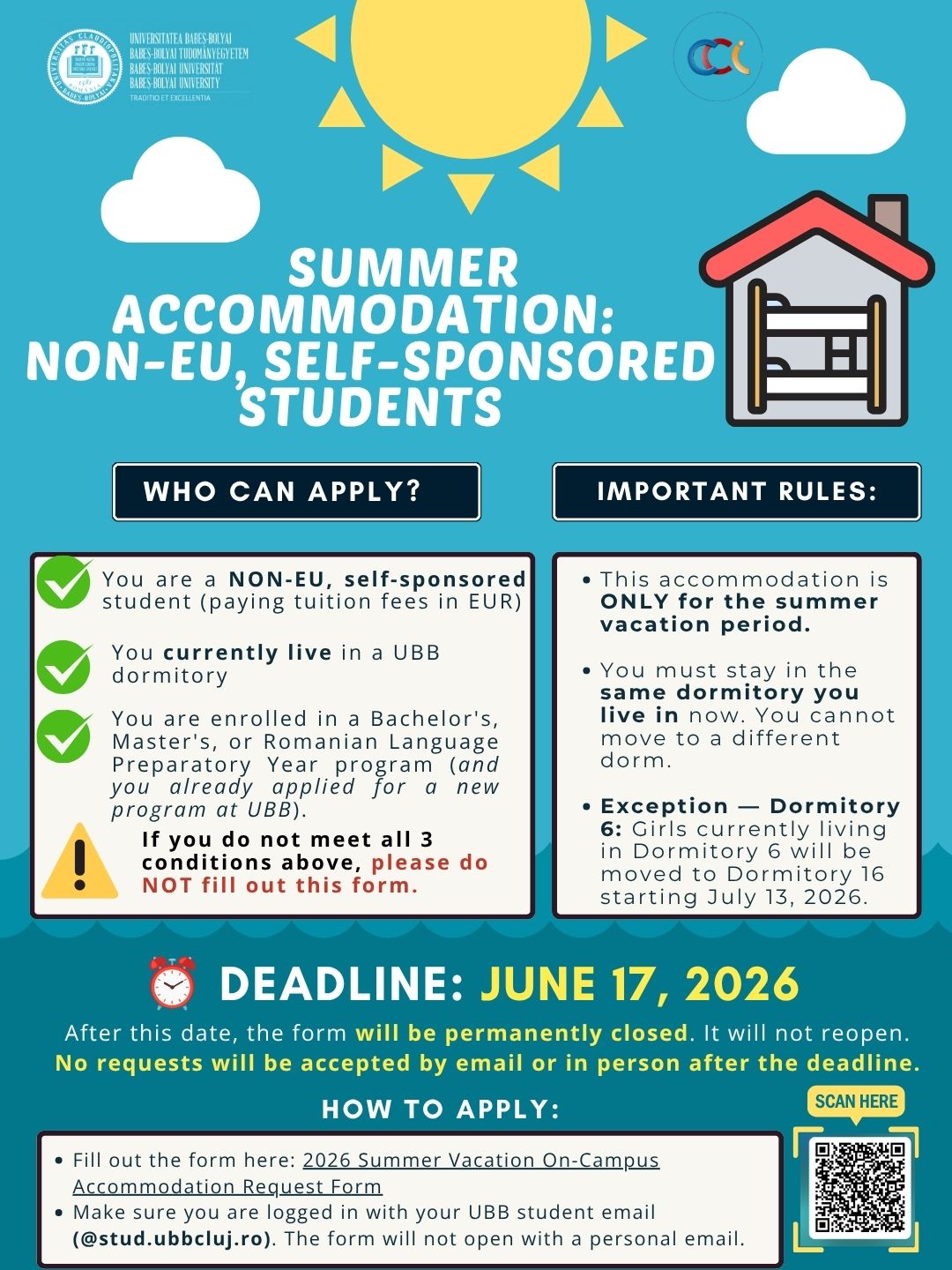Summer Dormitory Accommodation for Non-EU Self-Sponsored Students
